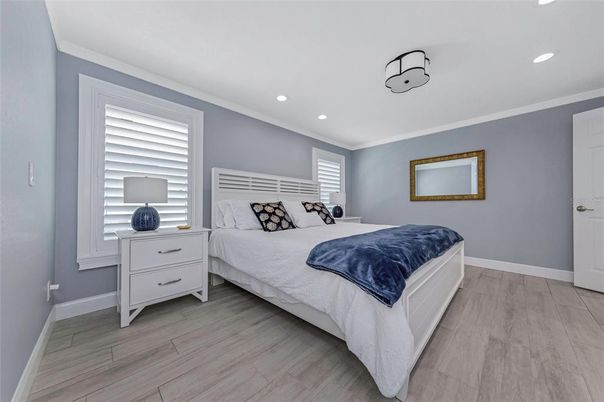 Bedroom, Interior, Recessed Lighting, Wood Texture Flooring