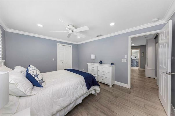 Bedroom, Interior, Recessed Lighting, Wood Texture Flooring