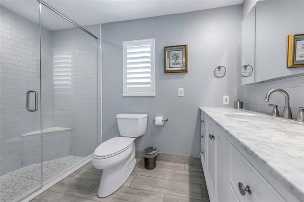 Bathroom, Glass Shower, Interior, Wood Texture Flooring