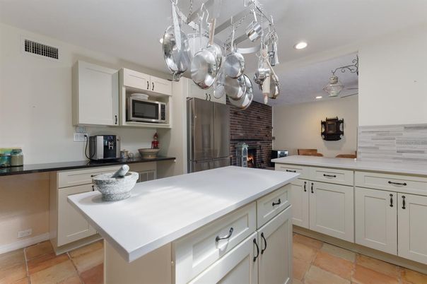 Fireplace, Interior, Kitchen, Recessed Lighting, Stainless Steel Appliances