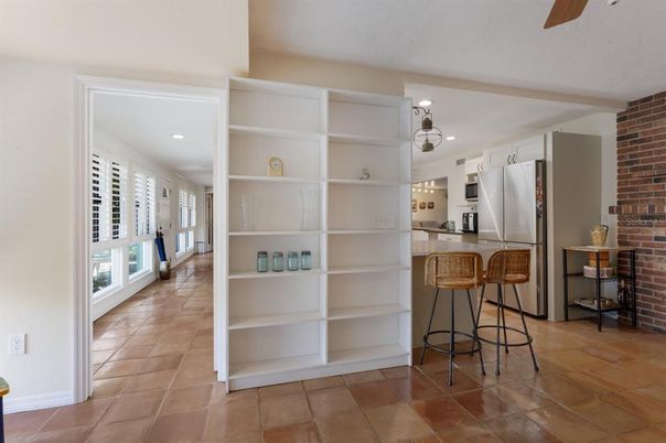 Interior, Kitchen, Recessed Lighting, Stainless Steel Appliances, Stone Walls