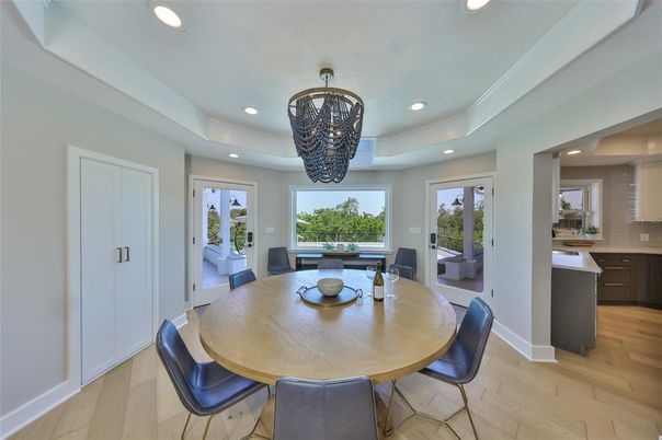 Chandelier, Dining room, Interior, Recessed Lighting, Wood Texture Flooring