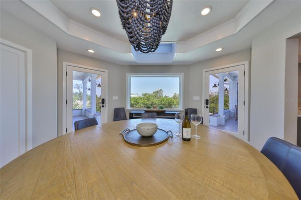 Dining room, Interior, Pendant Lights, Recessed Lighting, Wood Texture Flooring