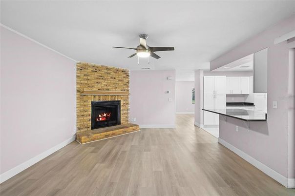 Empty room, Fireplace, Interior, Kitchen, Wood Texture Flooring