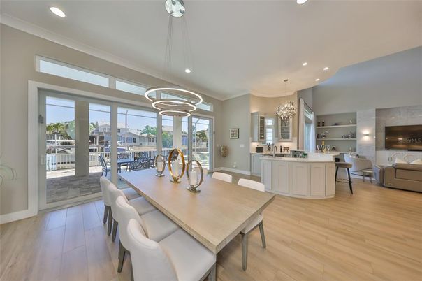 Dining room, Fireplace, Interior, Kitchen, Living room, Pendant Lights, Recessed Lighting, Wood Texture Flooring