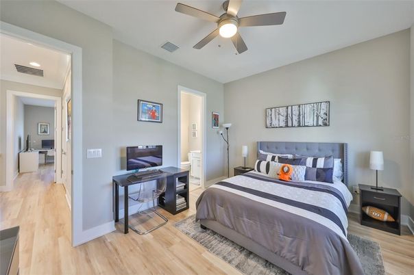 Bedroom, Interior, Recessed Lighting, Wood Texture Flooring