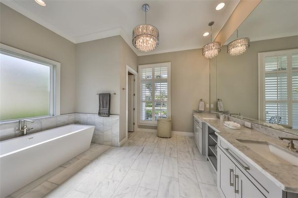Bathroom, Chandelier, Dual Sink Vanities, Free Standing Baths, Interior, Marble, Recessed Lighting