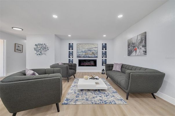 Fireplace, Interior, Living room, Recessed Lighting, Wood Texture Flooring