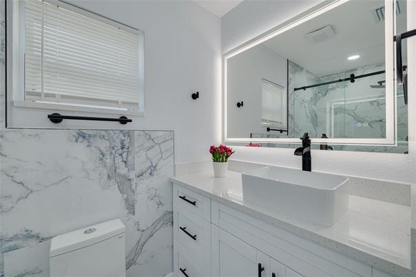 Bathroom, Glass Shower, Interior, Marble Walls, Recessed Lighting