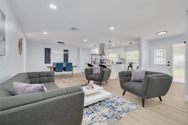 Dining room, Interior, Kitchen, Living room, Pendant Lights, Recessed Lighting, Wood Texture Flooring