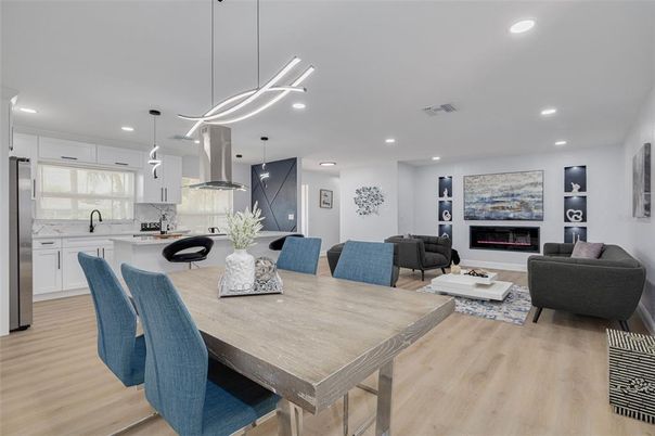 Dining room, Fireplace, Interior, Kitchen, Living room, Pendant Lights, Recessed Lighting, Wood Texture Flooring