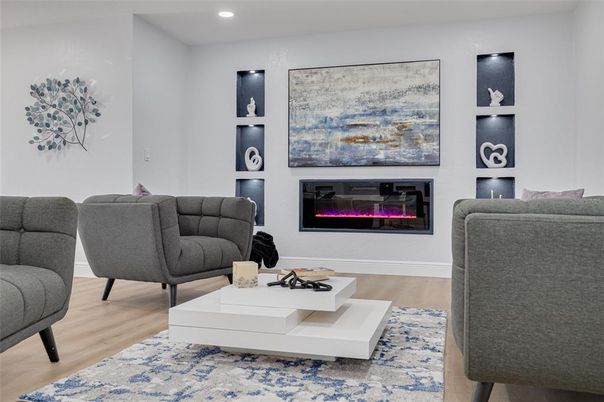 Fireplace, Interior, Living room, Recessed Lighting, Wood Texture Flooring