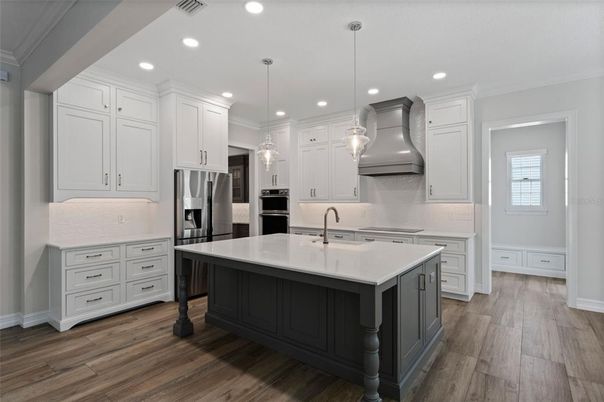 Interior, Kitchen, Pendant Lights, Recessed Lighting, Stainless Steel Appliances, Wood Texture Flooring