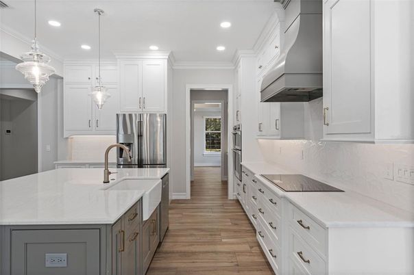 Interior, Kitchen, Pendant Lights, Recessed Lighting, Stainless Steel Appliances, Wood Texture Flooring