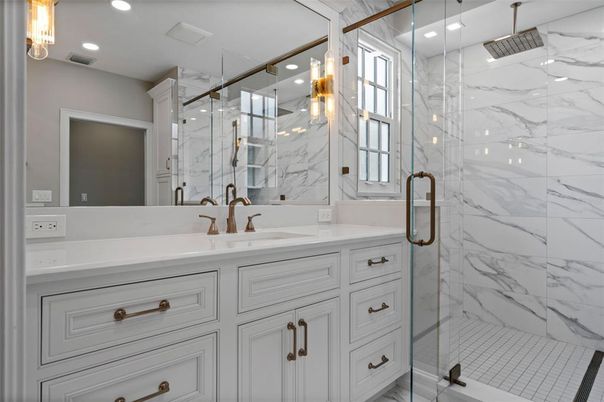 Bathroom, Glass Shower, Interior, Marble Walls, Recessed Lighting