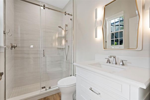 Bathroom, Glass Shower, Interior, Wood Texture Flooring