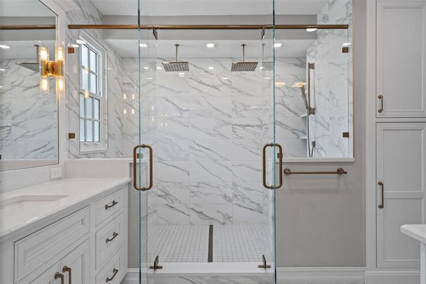 Bathroom, Glass Shower, Interior, Marble Walls, Recessed Lighting