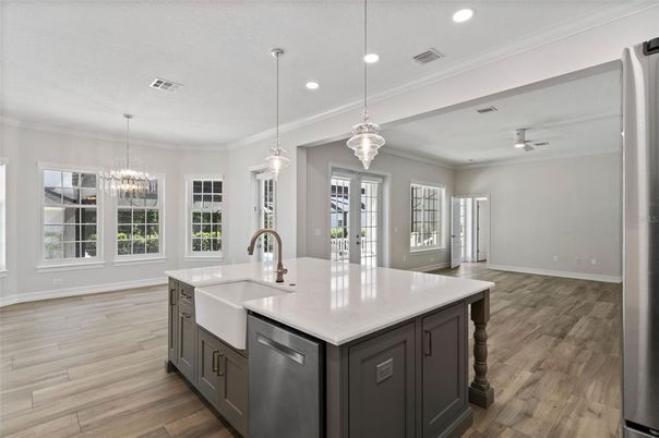 Chandelier, Interior, Kitchen, Pendant Lights, Recessed Lighting, Wood Texture Flooring