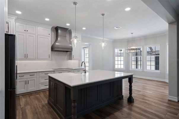 Chandelier, Interior, Kitchen, Pendant Lights, Recessed Lighting, Wood Texture Flooring