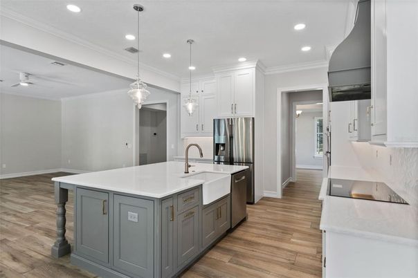Interior, Kitchen, Pendant Lights, Recessed Lighting, Stainless Steel Appliances, Wood Texture Flooring