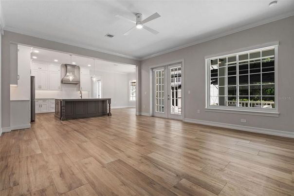 Empty room, Interior, Kitchen, Pendant Lights, Recessed Lighting, Wood Texture Flooring