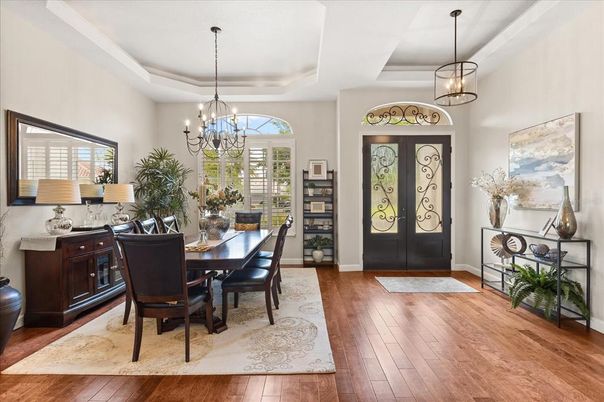 Chandelier, Dining room, Interior, Pendant Lights, Wood Texture Flooring