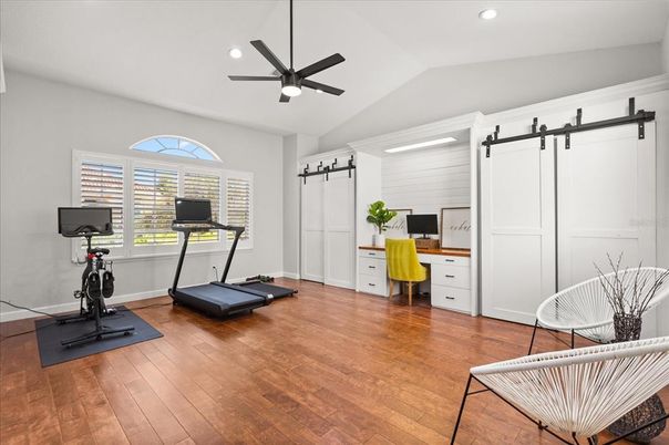 Fitness Equipment, Home Office, Interior, Recessed Lighting, Wood Texture Flooring