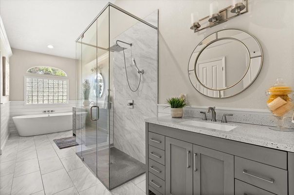 Bathroom, Free Standing Baths, Glass Shower, Interior, Marble Walls, Recessed Lighting