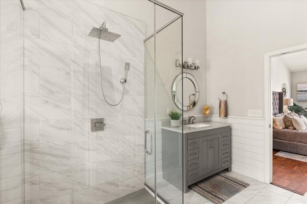 Bathroom, Bedroom, Glass Shower, Interior, Marble Walls, Wood Texture Flooring