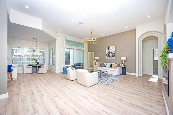 Chandelier, Dining room, Interior, Living room, Pendant Lights, Recessed Lighting, Wood Texture Flooring
