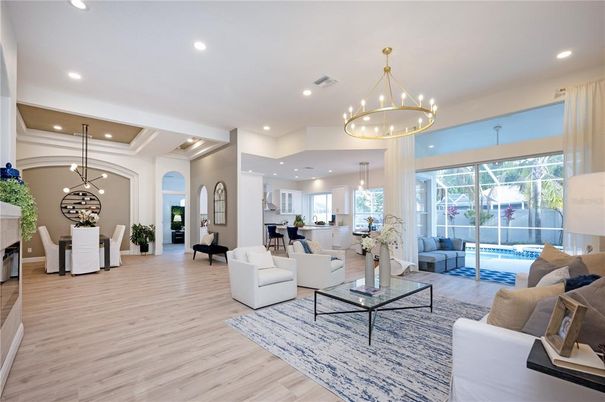 Chandelier, Dining room, Interior, Living room, Pendant Lights, Recessed Lighting, Wood Texture Flooring