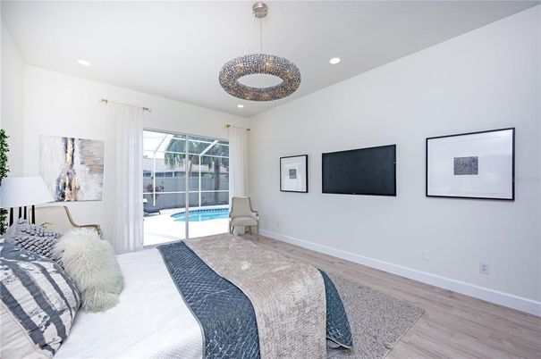 Bedroom, Interior, Pendant Lights, Recessed Lighting, Wood Texture Flooring