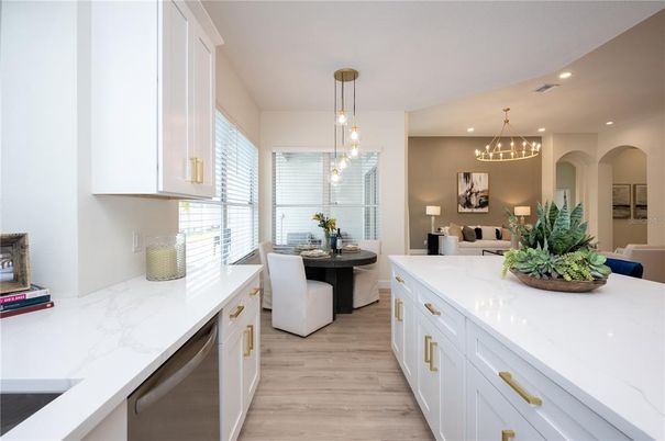 Chandelier, Dining room, Interior, Kitchen, Pendant Lights, Recessed Lighting, Wood Texture Flooring