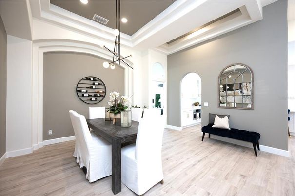 Dining room, Interior, Pendant Lights, Recessed Lighting, Wood Texture Flooring