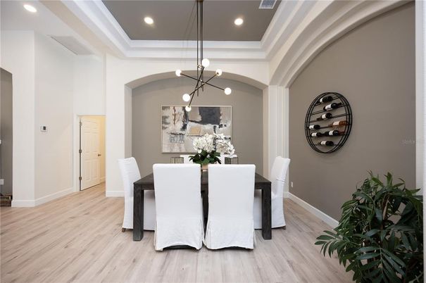 Dining room, Interior, Pendant Lights, Recessed Lighting, Wood Texture Flooring