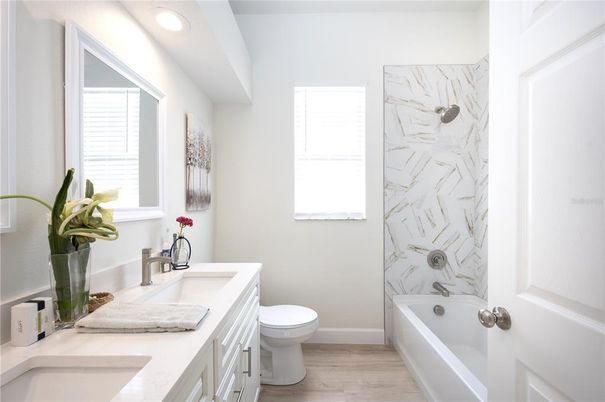 Bathroom, Interior, Marble Walls, Recessed Lighting, Wood Texture Flooring