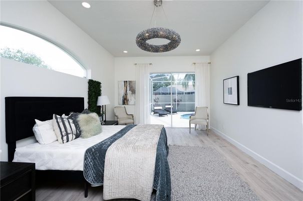 Bedroom, Interior, Pendant Lights, Recessed Lighting, Wood Texture Flooring