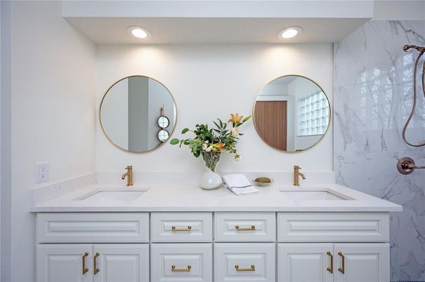 Bathroom, Dual Sink Vanities, Interior, Marble Walls, Recessed Lighting