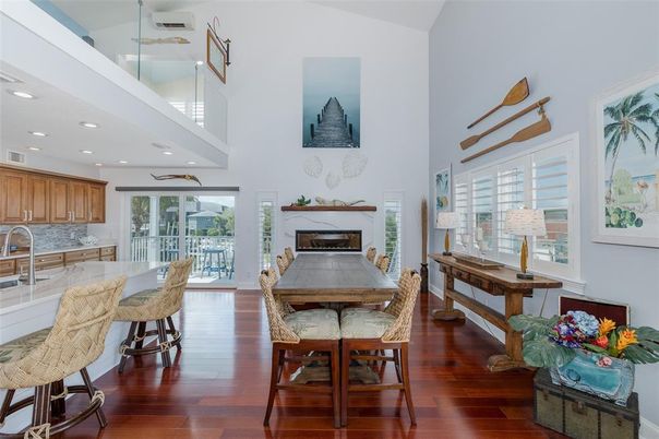 Dining room, Fireplace, Interior, Kitchen, Recessed Lighting, Wood Texture Flooring