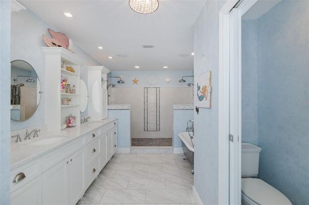 Bathroom, Dual Sink Vanities, Free Standing Baths, Interior, Marble, Recessed Lighting
