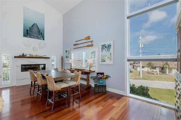 Dining room, Fireplace, Interior, Wood Texture Flooring