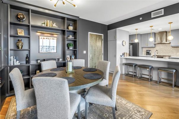 Dining room, Interior, Kitchen, Pendant Lights, Wood Texture Flooring