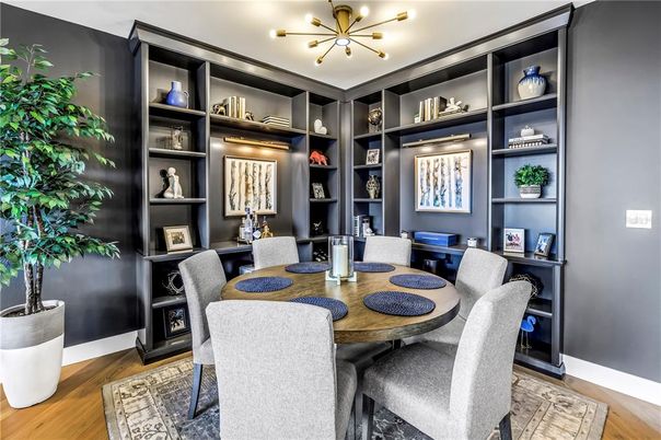 Dining room, Interior, Pendant Lights, Wood Texture Flooring