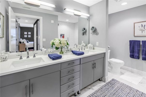 Bathroom, Dual Sink Vanities, Interior, Marble, Recessed Lighting
