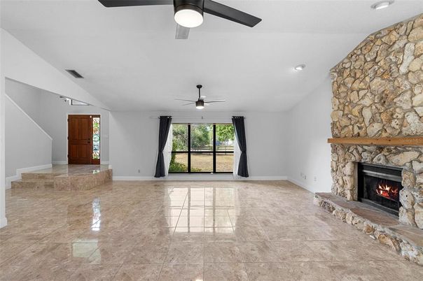 Empty room, Fireplace, Interior, Recessed Lighting, Stone Walls