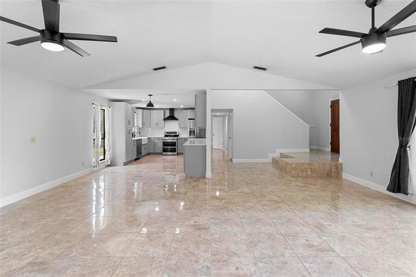 Empty room, Interior, Kitchen, Recessed Lighting, Stainless Steel Appliances
