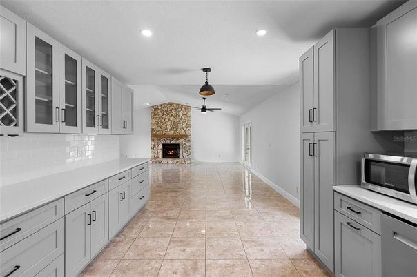 Empty room, Fireplace, Interior, Kitchen, Recessed Lighting