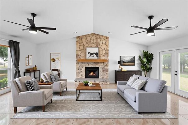 Fireplace, Interior, Living room, Recessed Lighting, Stone Walls