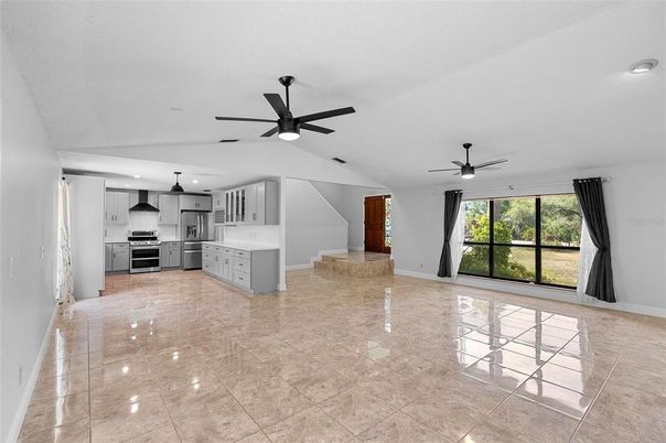 Empty room, Interior, Kitchen, Pendant Lights, Recessed Lighting, Stainless Steel Appliances