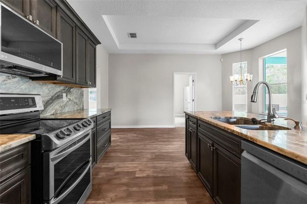 Chandelier, Interior, Kitchen, Stainless Steel Appliances, Wood Texture Flooring